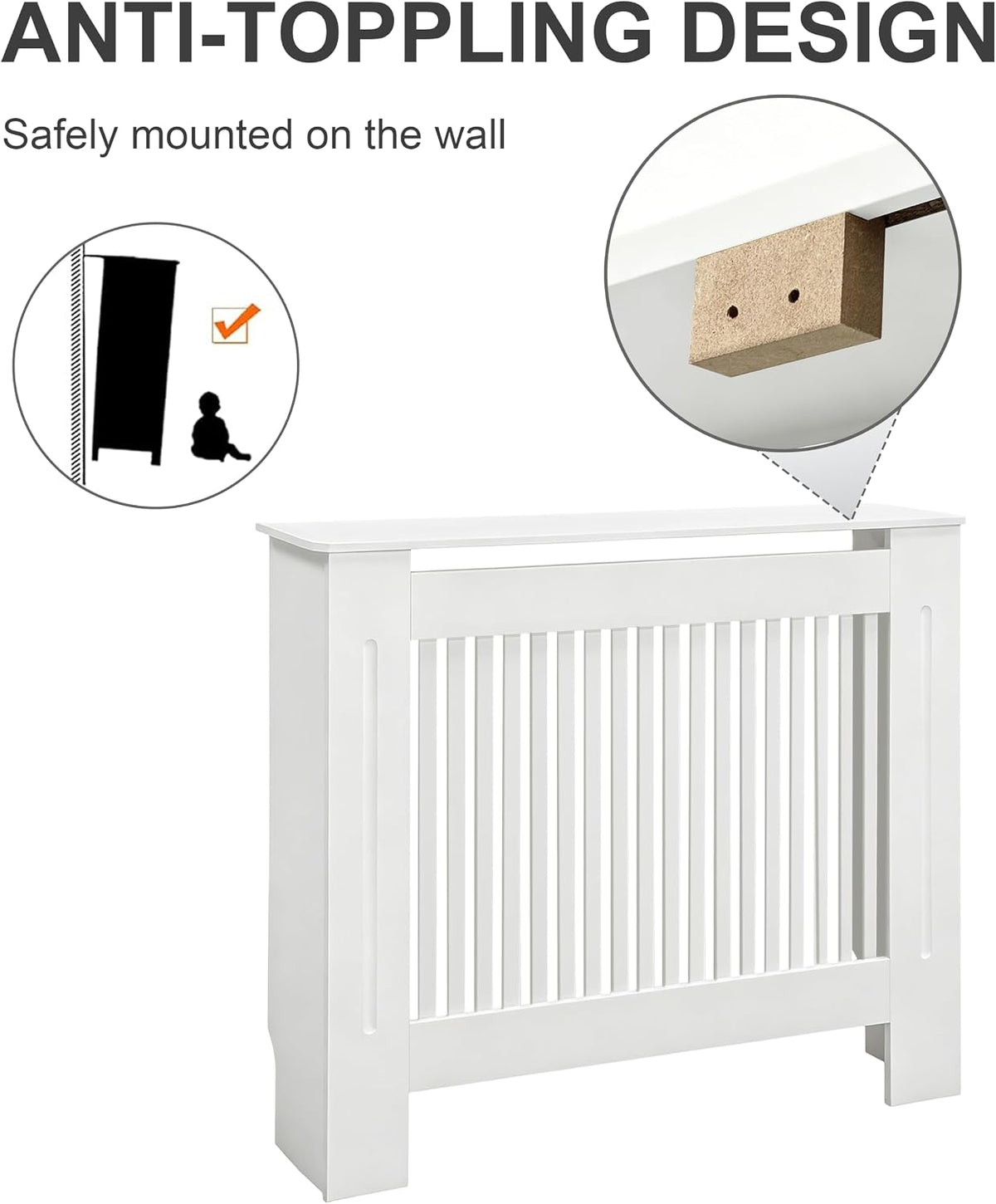 Radiator Cover 100cm High Extra Tall White MDF Vertical Slat Cabinet Fativo