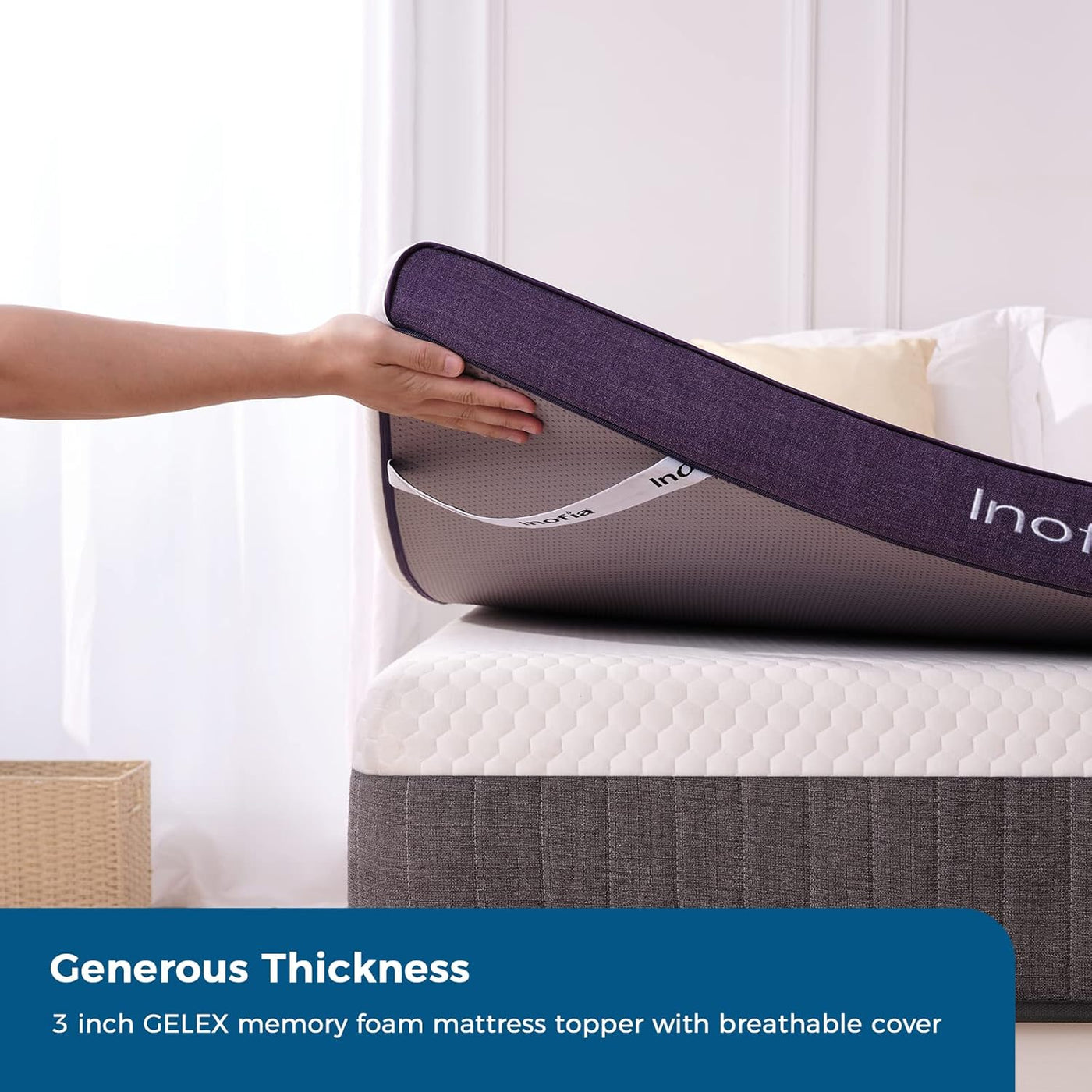 Person placing a 3-inch GELEX memory foam mattress topper on a bed.