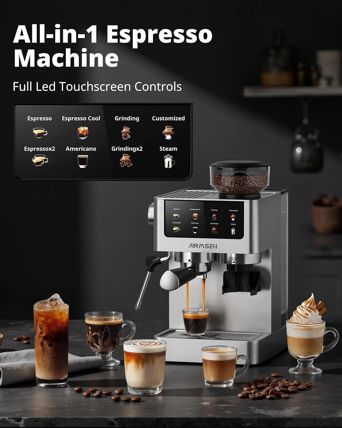 Bean to Cup Coffee Machine 20 Bar Automatic Espresso Maker AIRMSEN Home Barista