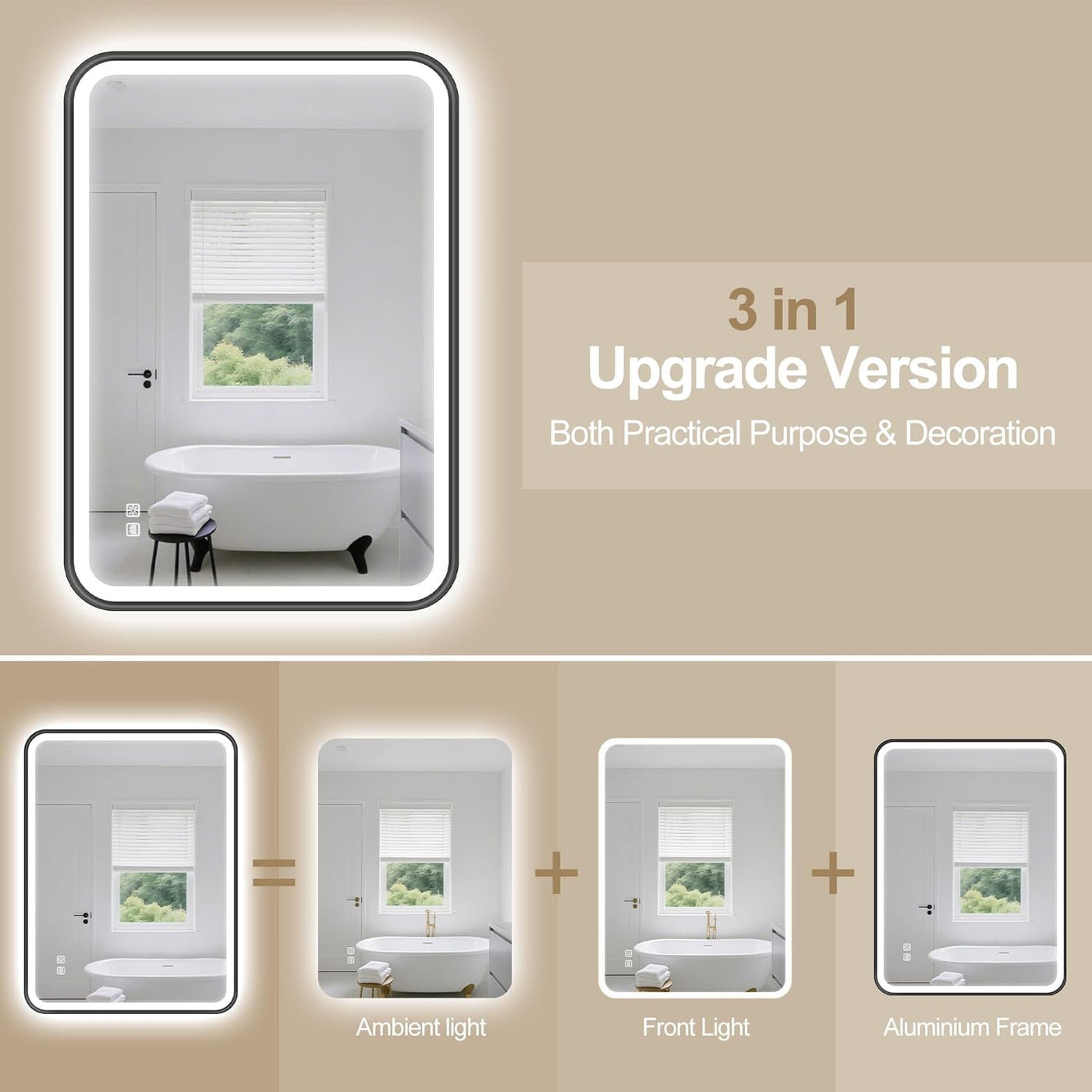 Bathroom mirror with LED lighting and text '3 in 1 Upgrade Version' on a beige background.