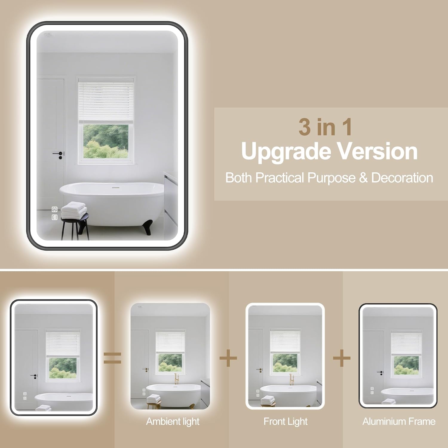 Bathroom mirror with LED lighting and text '3 in 1 Upgrade Version' on a beige background.