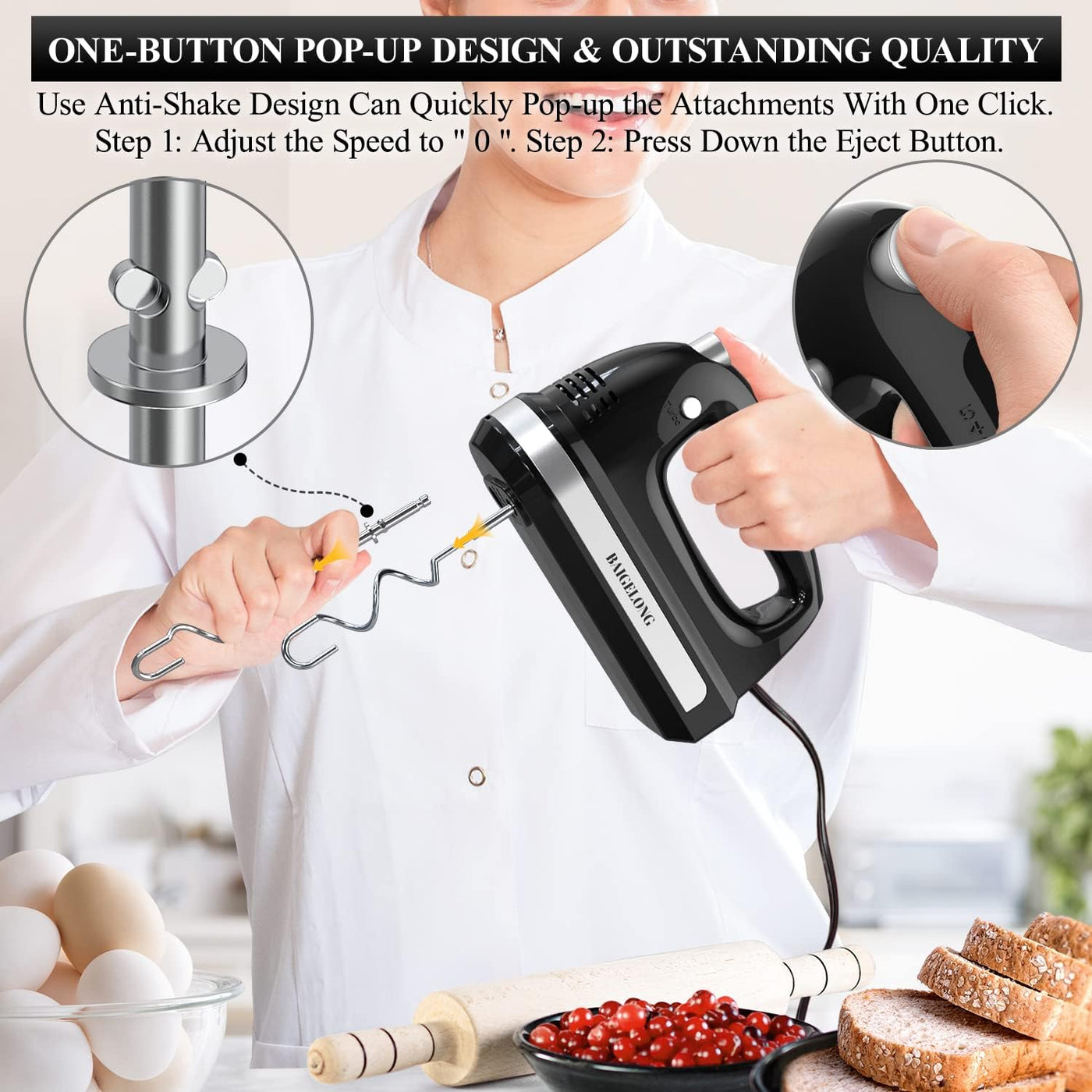 Electric Hand Mixer 300W 5 Speed Turbo Stainless Steel Attachments BAIGELONG Black