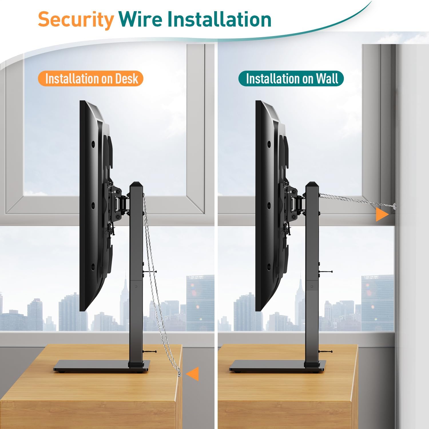Two monitors on stands with security wires, one on a desk and one on a wall, against a cityscape background.