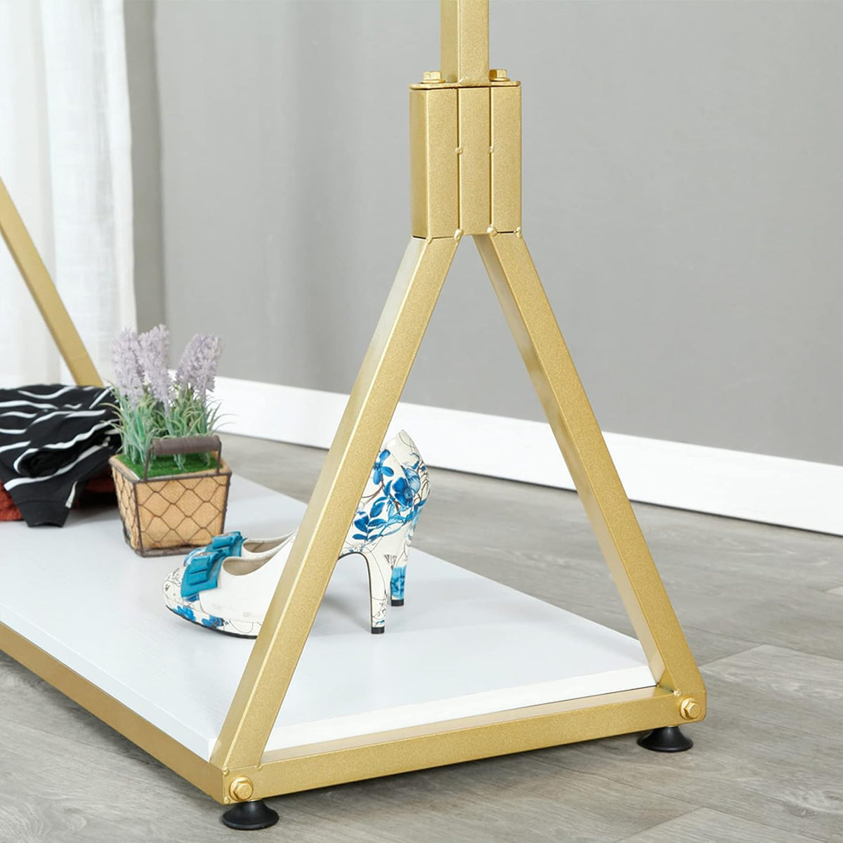 Clothes Rail 120cm Rolling Garment Rack Gold Wood Shelf Shoe Storage with Wheels