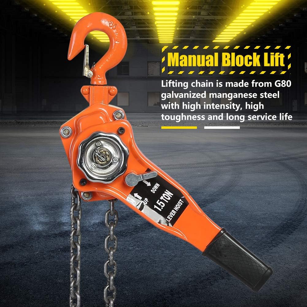 Orange manual block lift with chain on a dark background