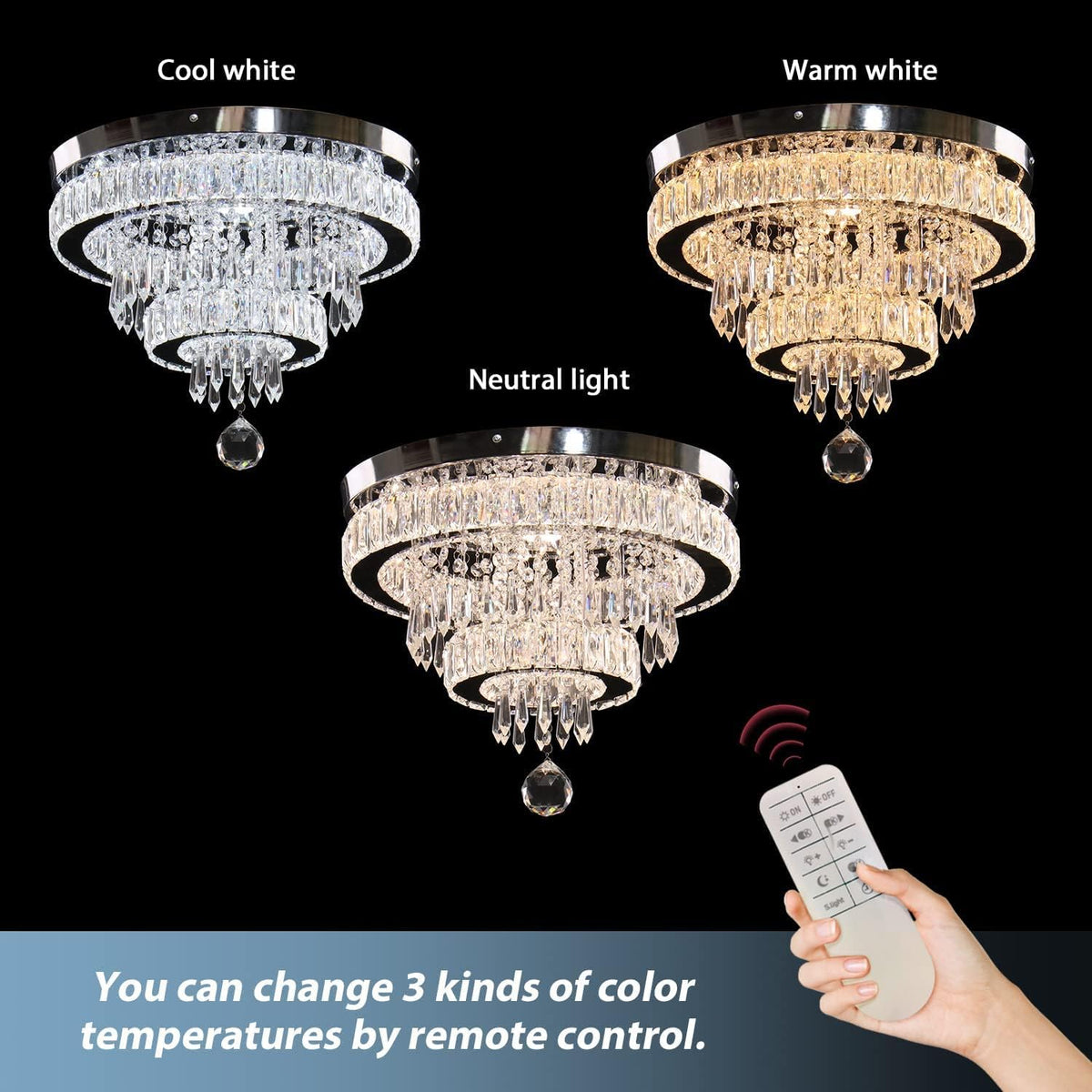 Crystal Chandelier 15.7 Inch Dimmable LED Ceiling Light Remote K9 Flush Mount