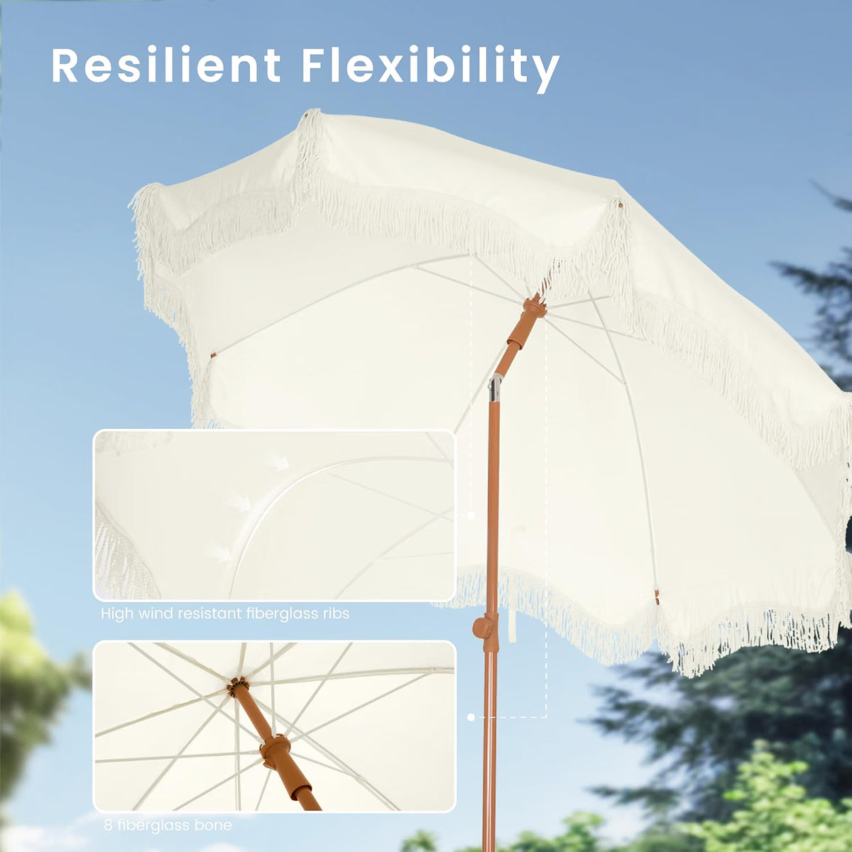 Beach Umbrella 2M UPF 50+ Fringed Boho Parasol Ground Drill Ivory PHI VILLA Patio
