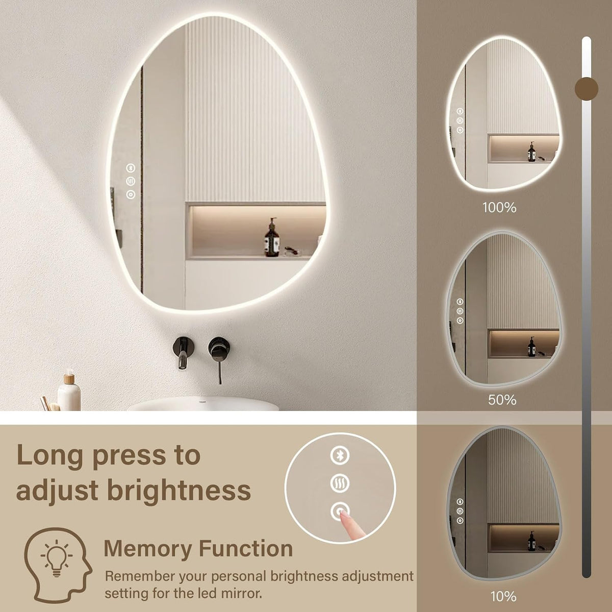 LED Bathroom Mirror 50x68cm Asymmetrical Dimmable Anti Fog Smart Vanity Wall