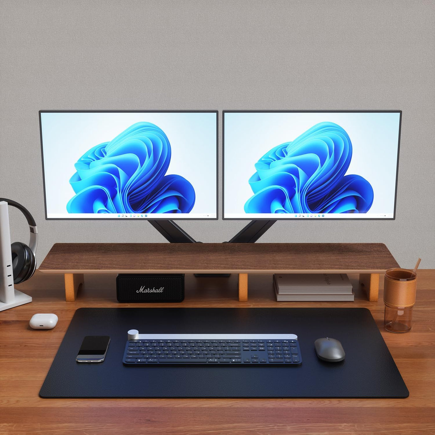 Dual Monitor Stand Riser Wooden Desktop Organizer Black Walnut Aothia