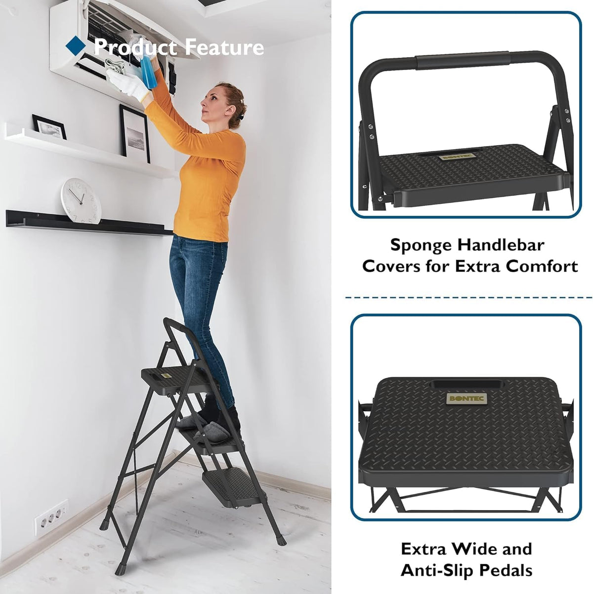3 Step Ladder Folding Steel Step Stool Wide Anti Slip Pedals 150kg BONTEC Home