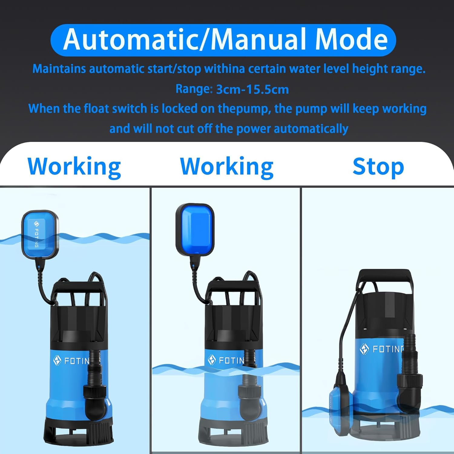 Submersible Water Pump 1000W 17600L/H Float Switch Sump Pump FOTING Electric