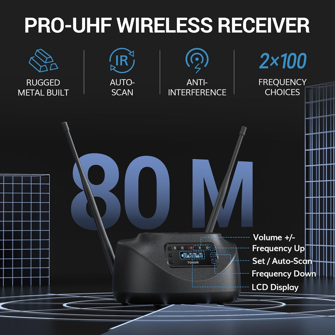 Wireless Microphone System UHF Rechargeable 80m Range Bluetooth TONOR Black