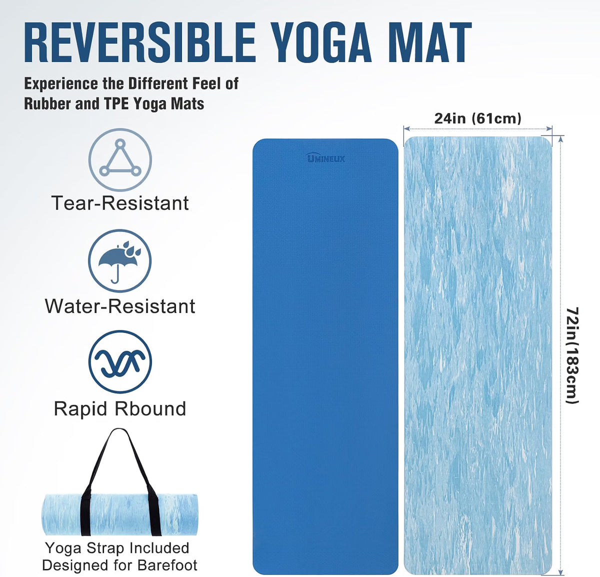 Yoga Mat 10mm Extra Thick Non Slip Rubber TPE Pilates Workout Blue Marjar Fitness