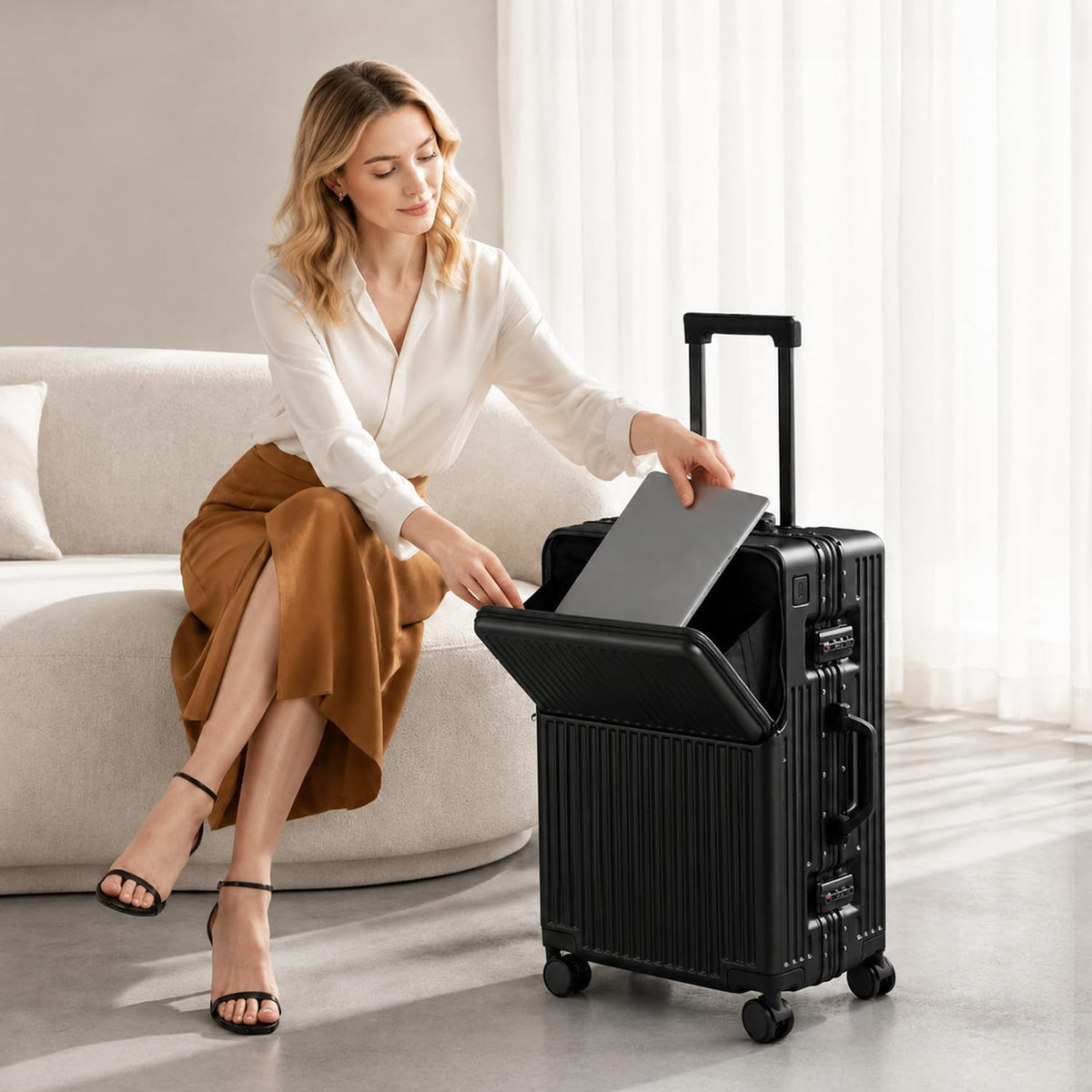 24 Inch Suitcase Hard Shell TSA Lock Aluminium Frame Dark Grey Spinner Luggage