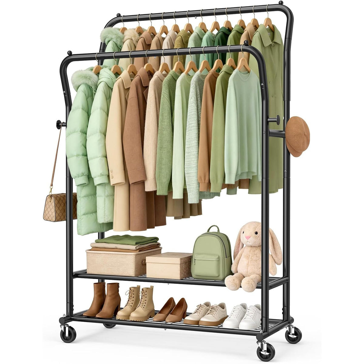 Heavy Duty Clothes Rail 378kg Double Rod Wheels Shelves Hooks Black EAGMAK Rack