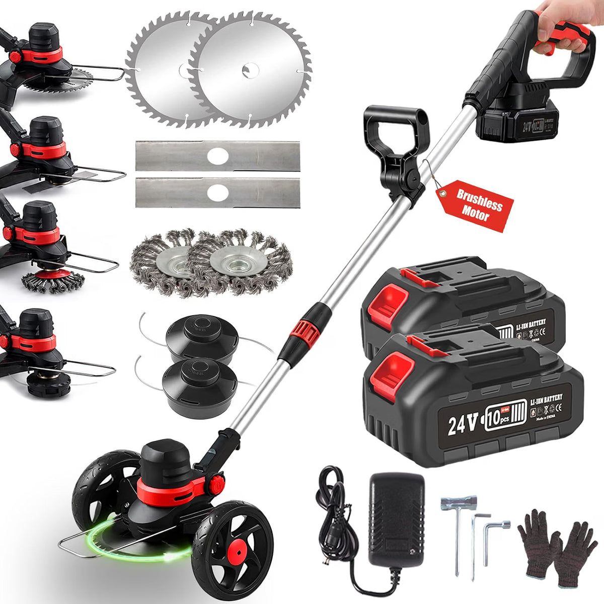 Cordless Strimmer 24V Brushless 30cm 2x4.0Ah Batteries Wheels Metal Blades Garden