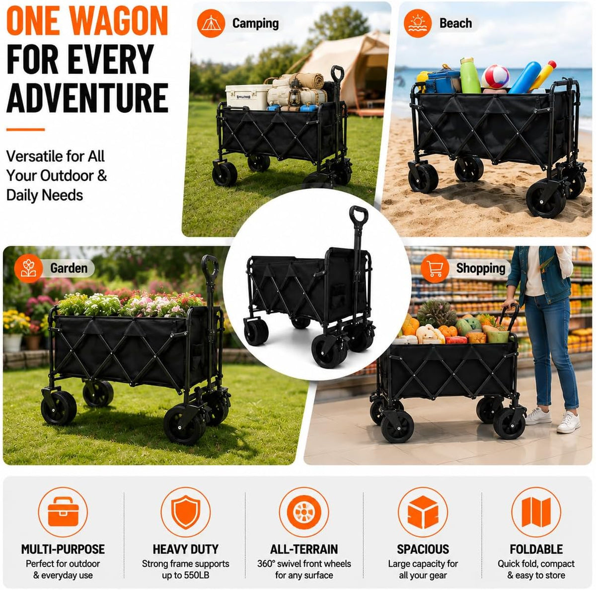 Heavy Duty Folding Wagon Cart 500lbs All Terrain Wheels Garden Trolley Utility