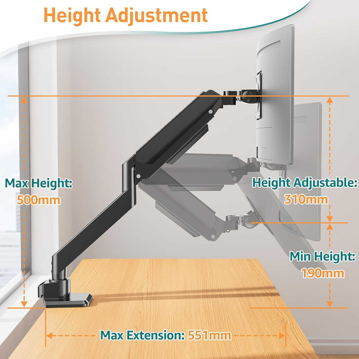 Monitor stand with height adjustment features and measurements on a desk.