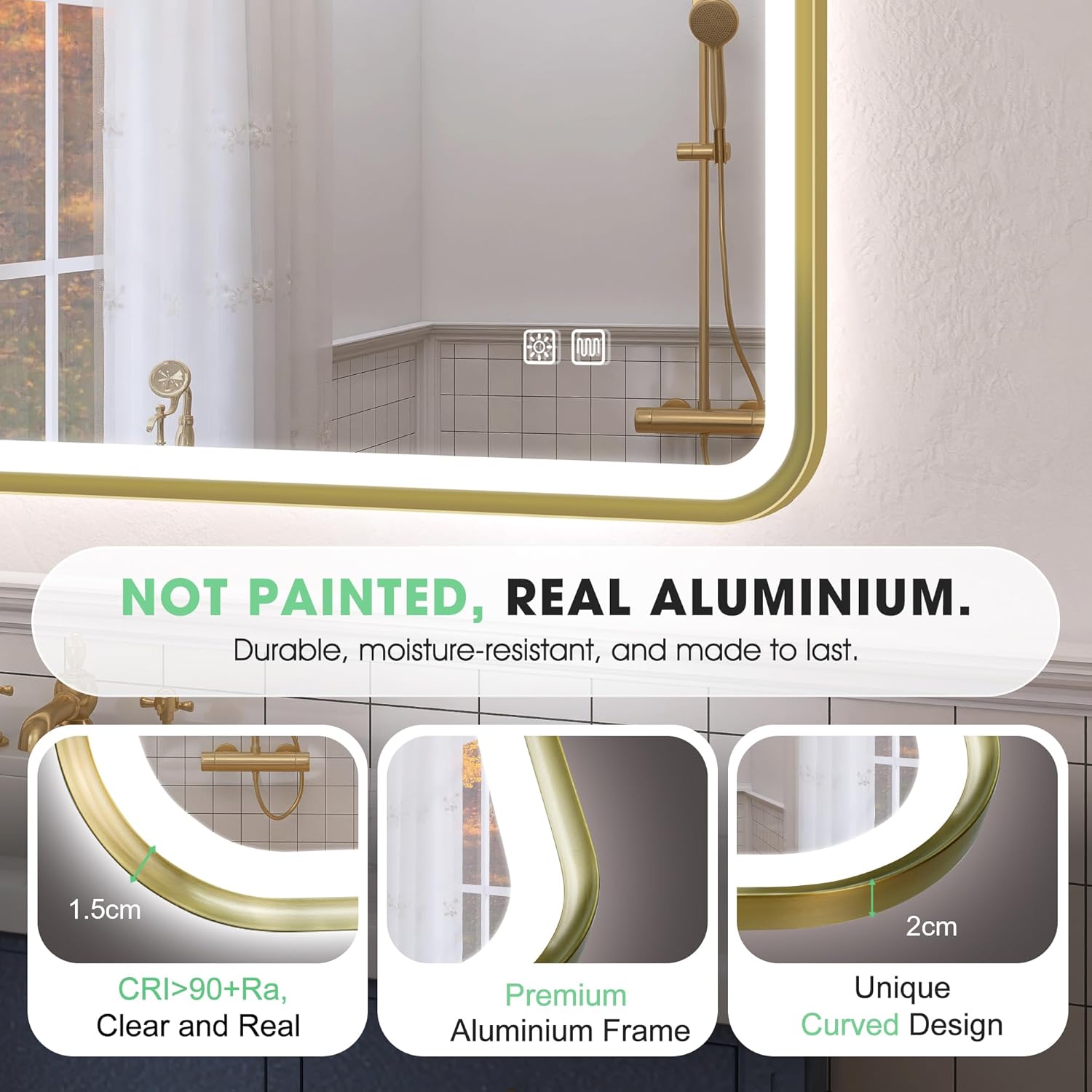 Bathroom LED Mirror 80x60 Gold Frame Anti Fog Dimmable IP44 S'bagno
