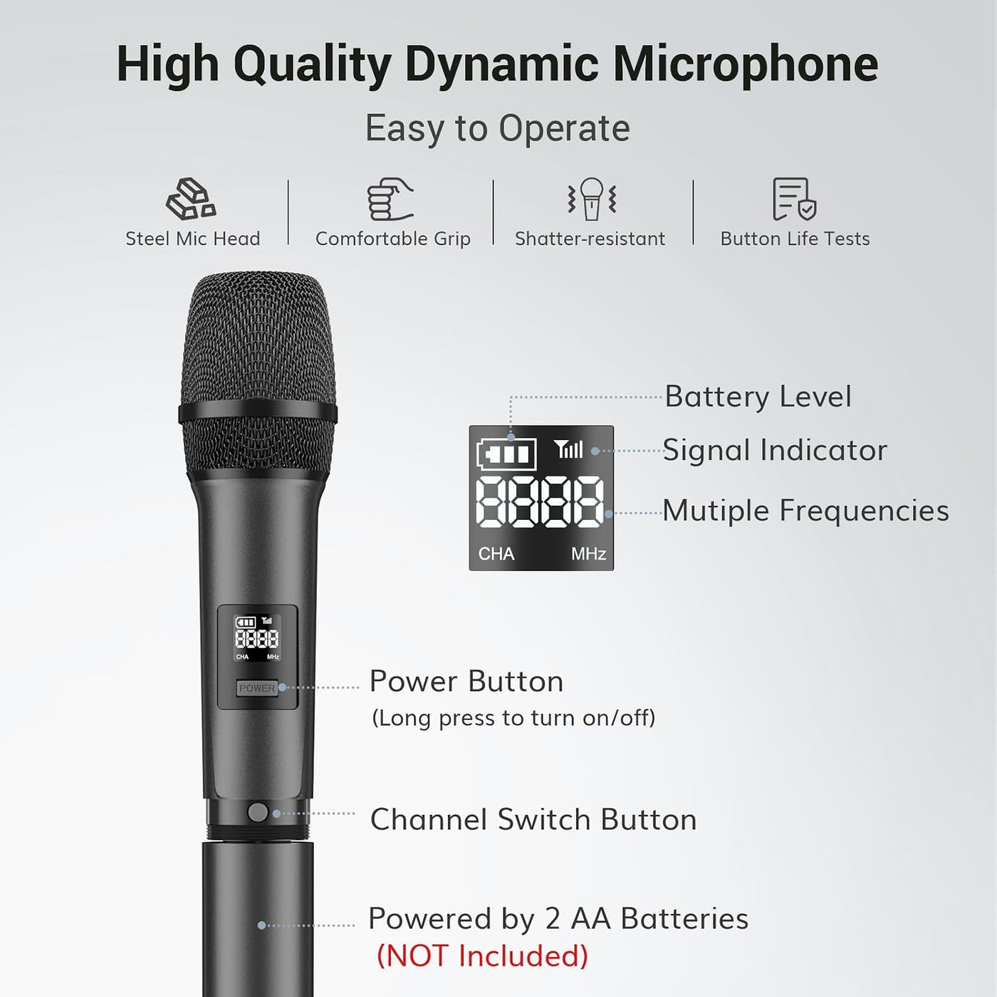 Wireless Microphones Dual UHF Handheld 60m Karaoke System Grey TONOR Mics