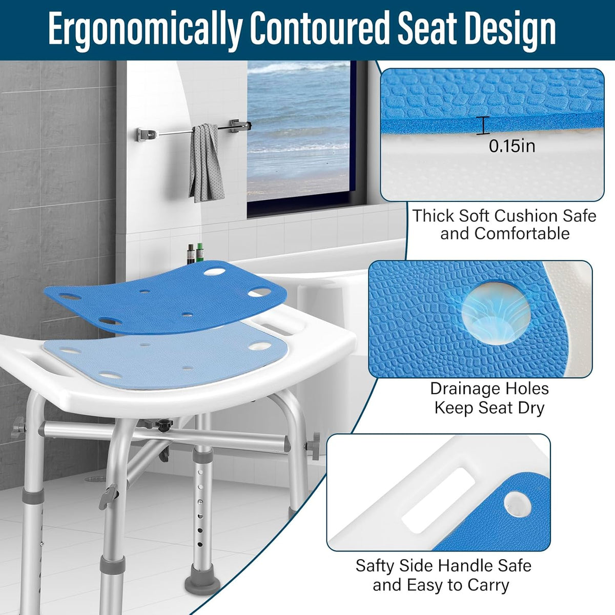 Shower Chair Adjustable Height Bath Stool Suction Grab Rail Bathroom Safety Seat