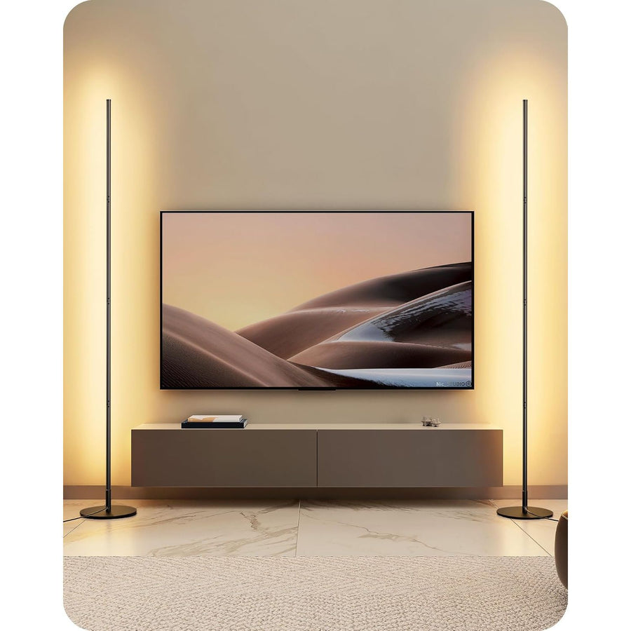 Modern living room setup with a television displaying a desert scene, flanked by two floor lamps.