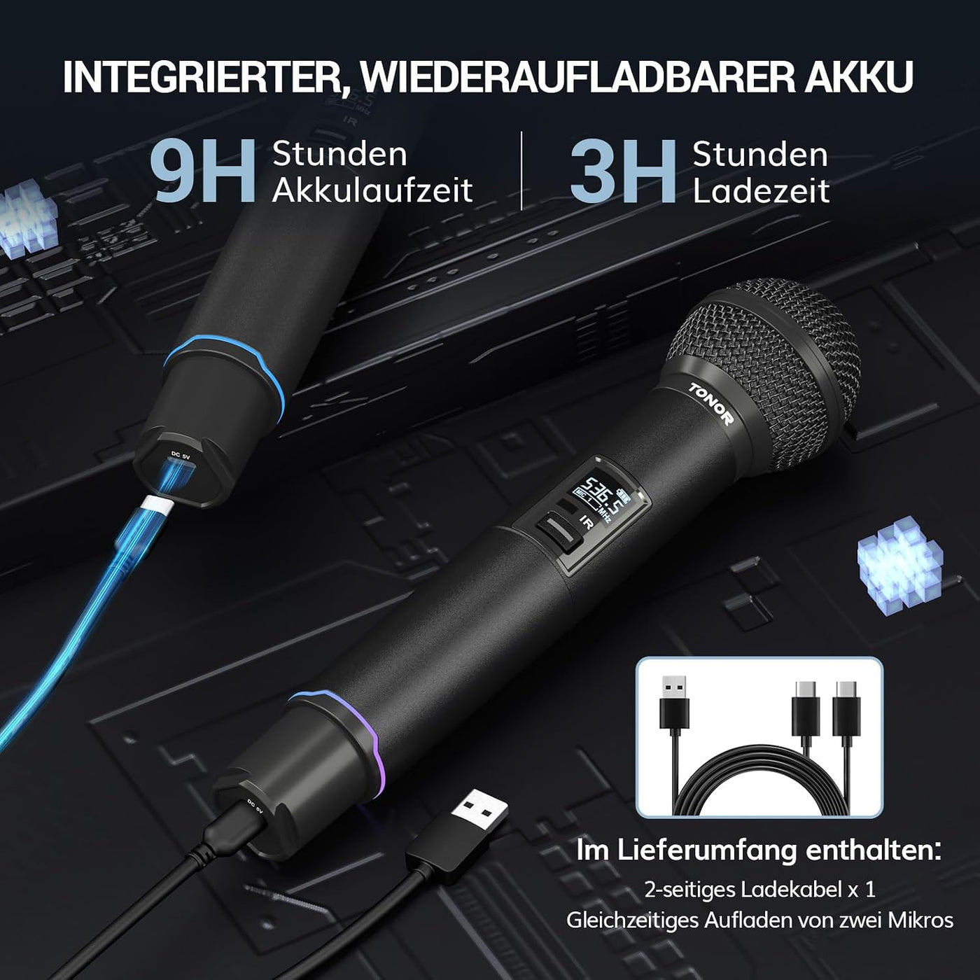 Wireless Microphone Set UHF Rechargeable 100m Auto Scan Dual TONOR Mics