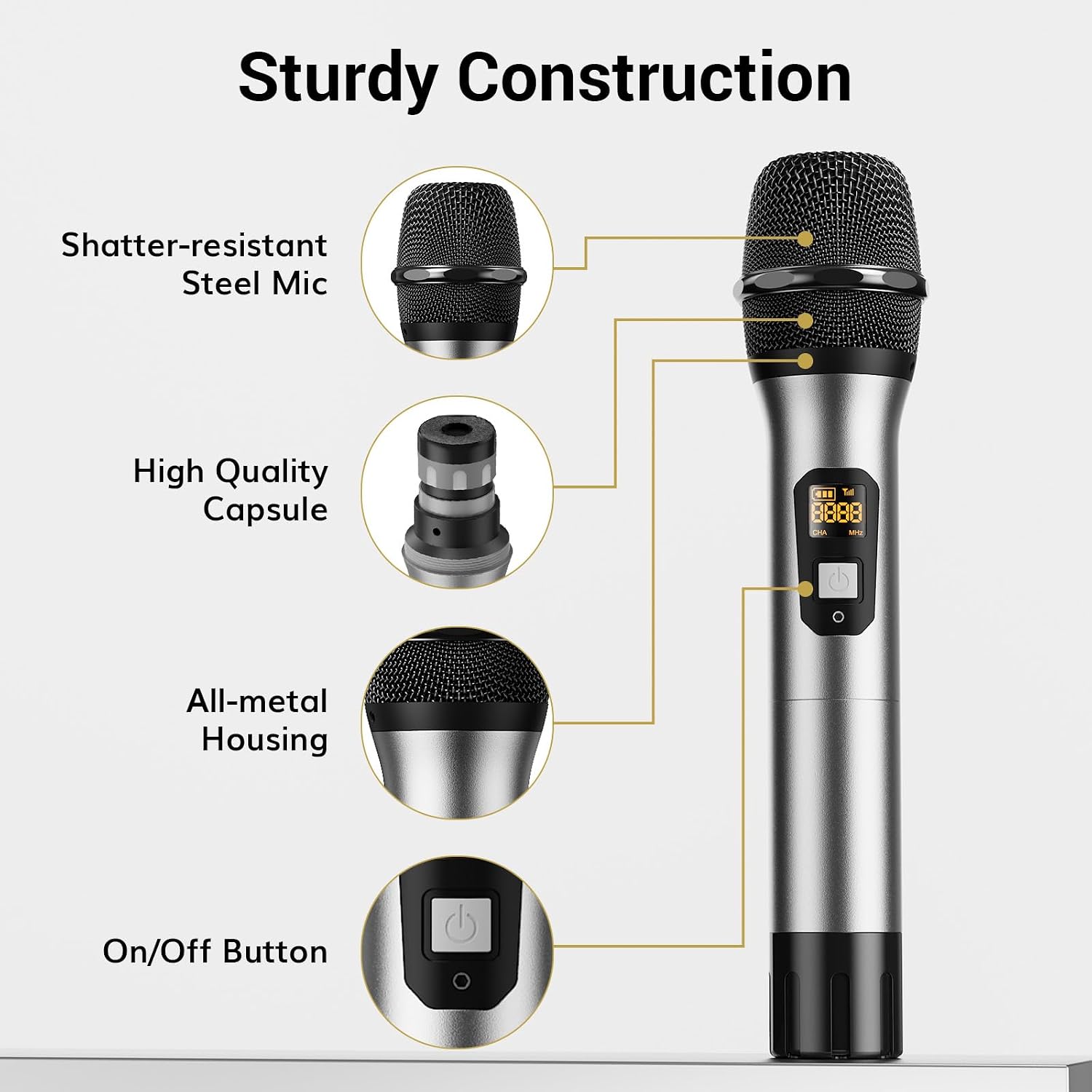 Wireless Microphones Dual UHF Cordless Dynamic 60m Silver TONOR Professional