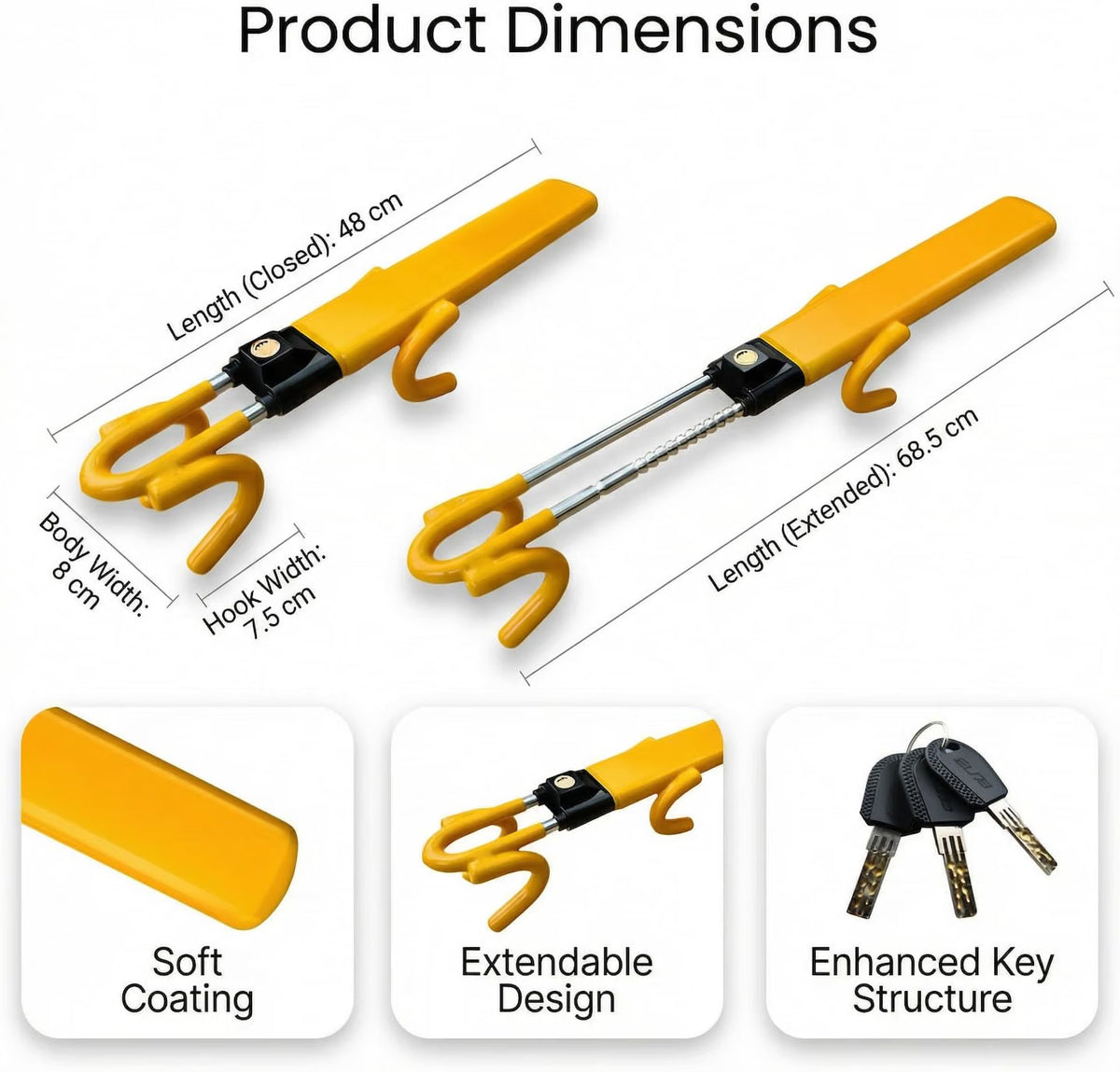 Steering Wheel Lock Twin Bar Anti Theft Universal Adjustable Yellow 3 Keys Car