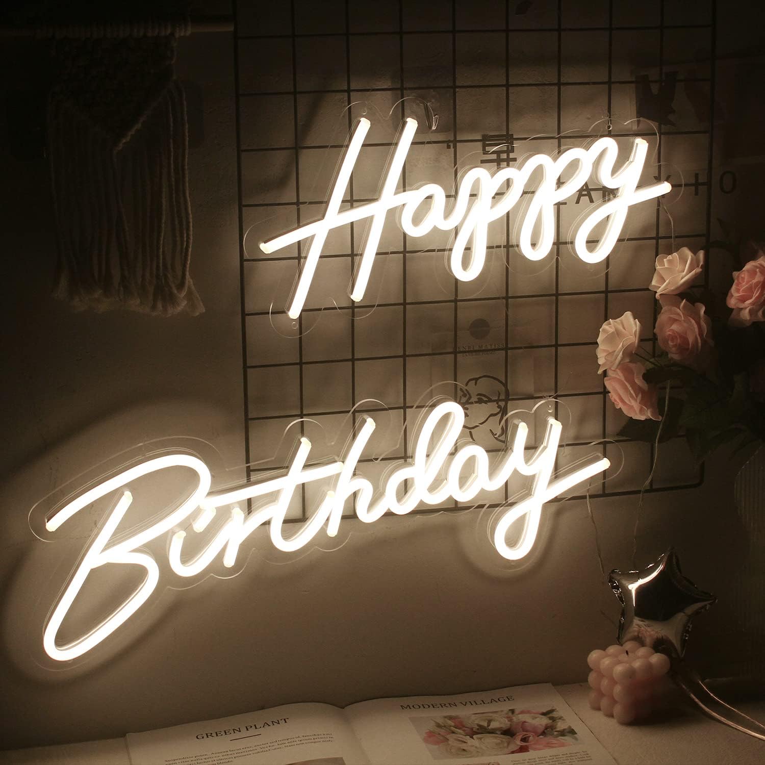 Happy Birthday Neon Sign, Warm White LED Light for Party Wall Decor, Large Size