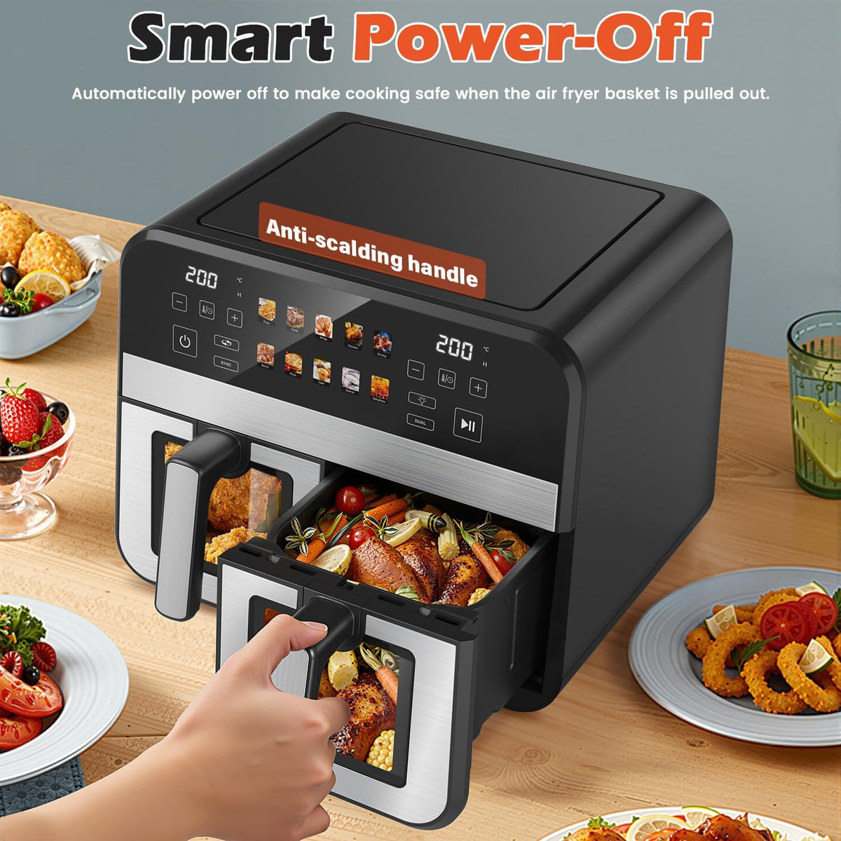 Dual Zone Air Fryer 10L 8 in 1 Double Drawer Viewing Window Family Size Cooker