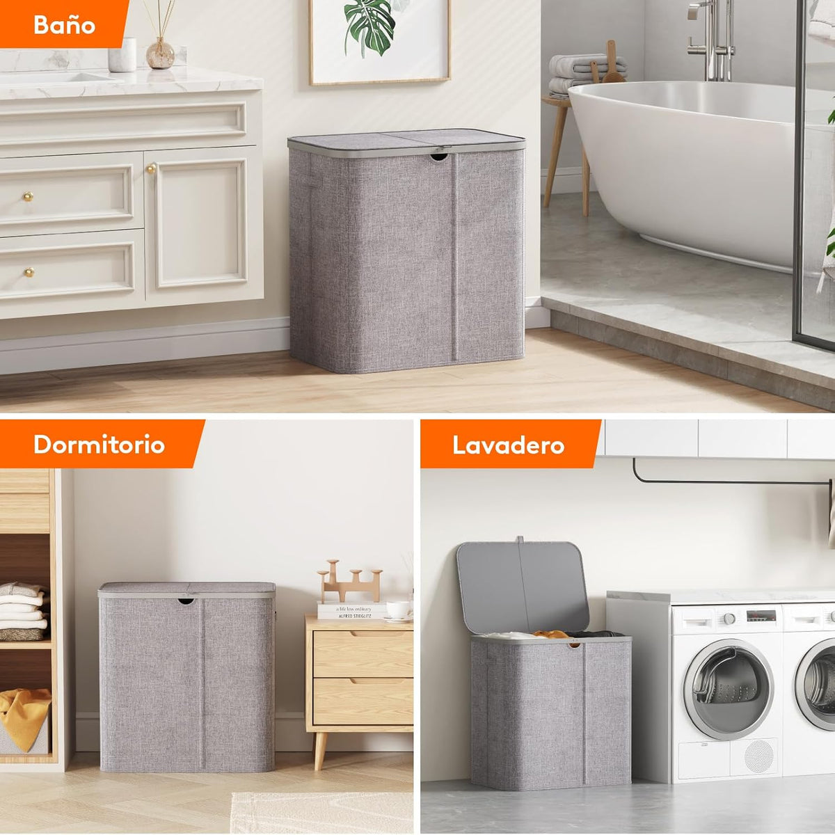 Laundry Basket 150L 3 Compartments Lid Removable Bags Foldable Grey Lifewit