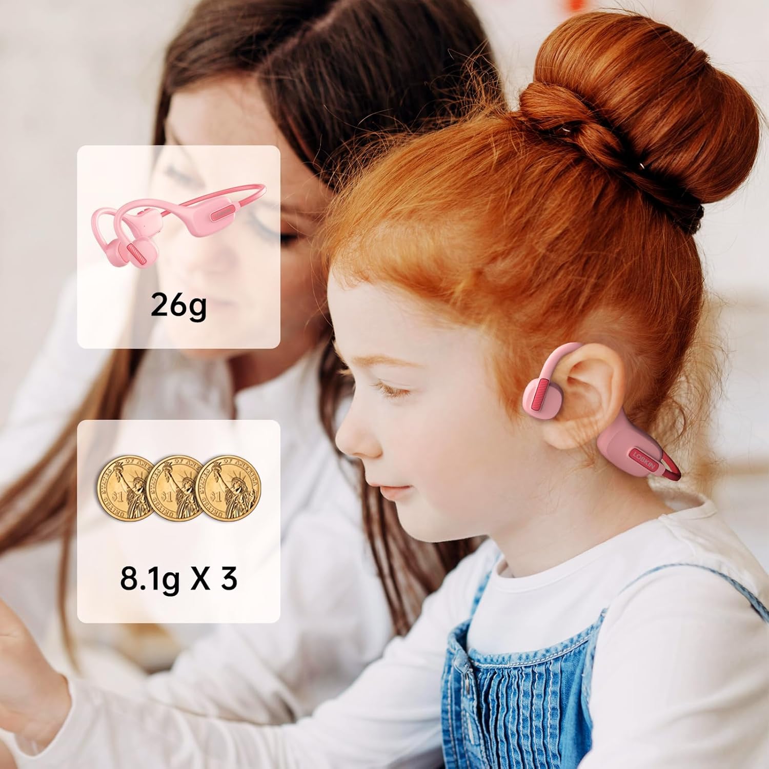 Child wearing a pink hearing aid with a close-up inset showing its weight.