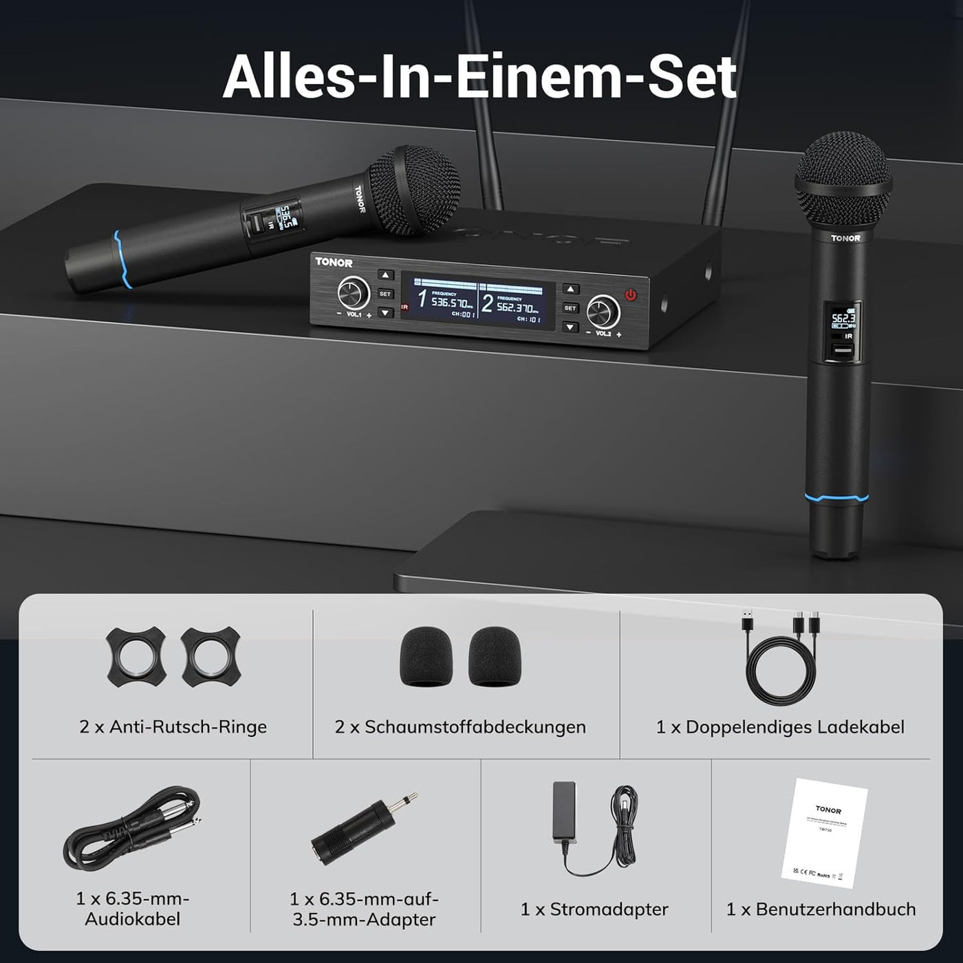 Wireless Microphone Set UHF Rechargeable 100m Auto Scan Dual TONOR Mics