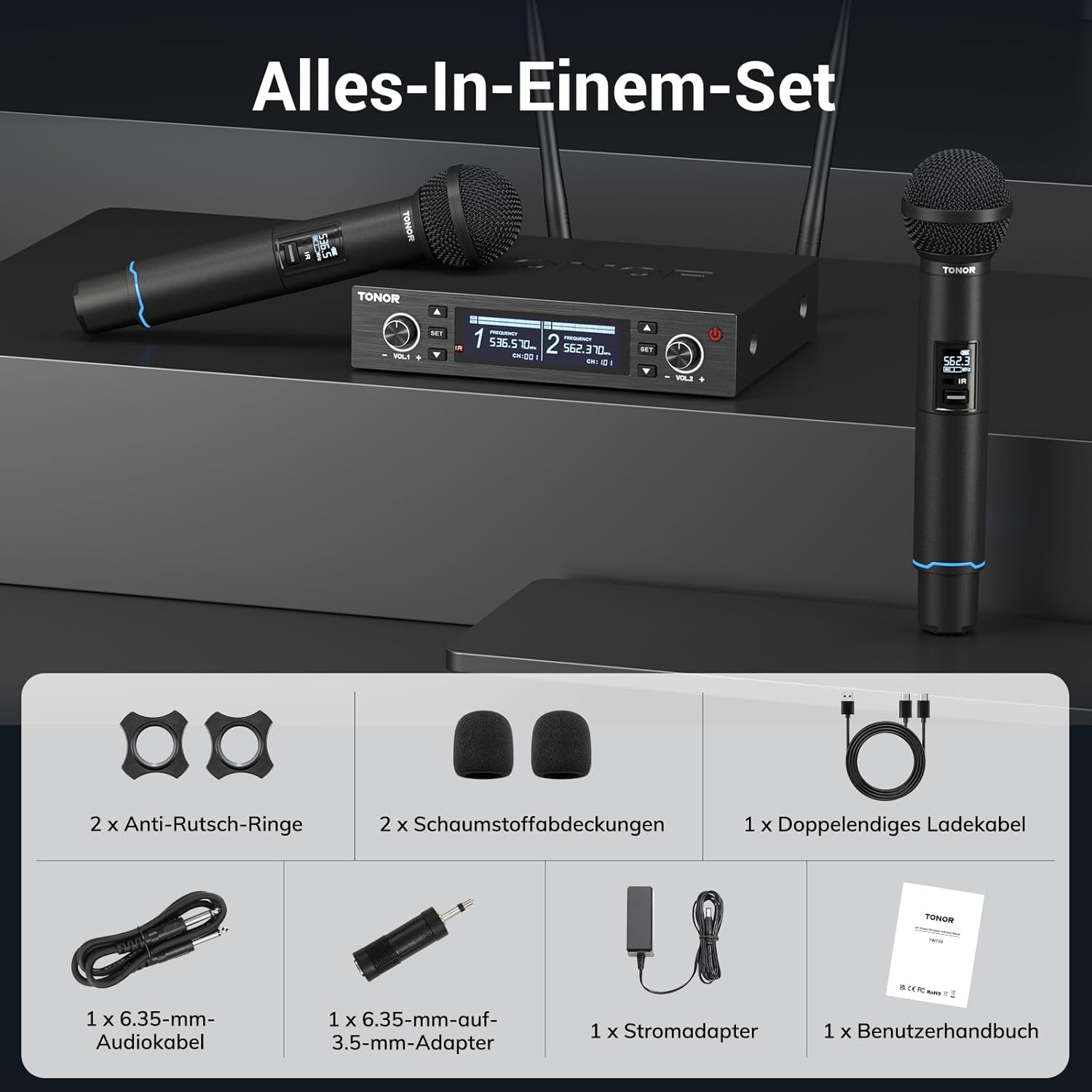 Wireless Microphone Set UHF Rechargeable 100m Auto Scan Dual TONOR Mics