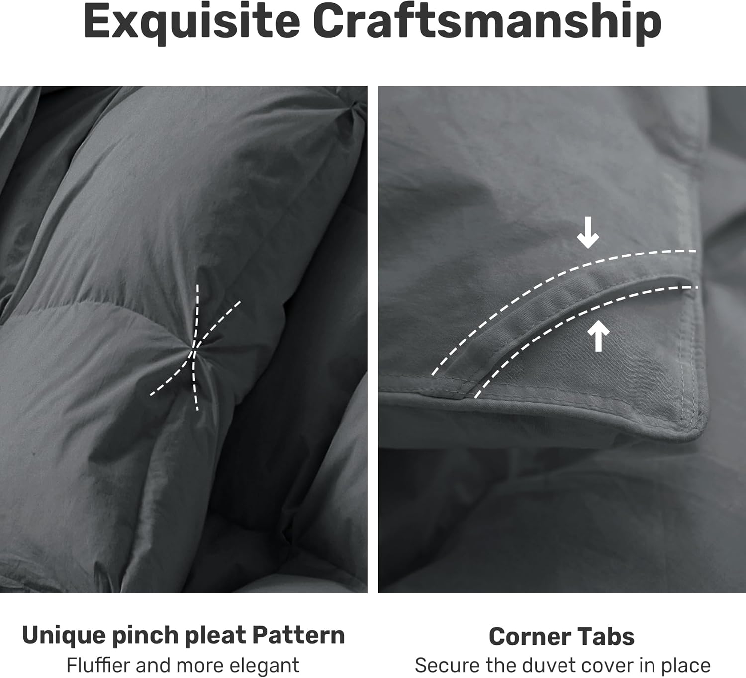 Close-up of a gray duvet cover with unique pinch pleat pattern and corner tabs, highlighting exquisite craftsmanship.
