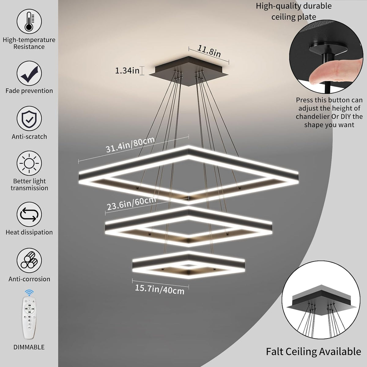 LED Pendant Light 3 Tier Square Black Dimmable Adjustable Chandelier Modern
