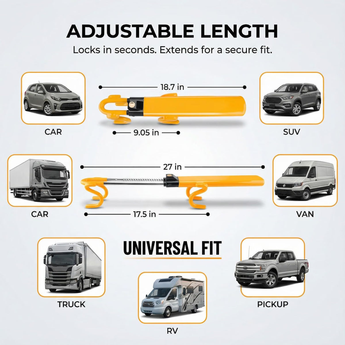 Steering Wheel Lock Twin Bar Anti Theft Universal Adjustable Yellow 3 Keys Car