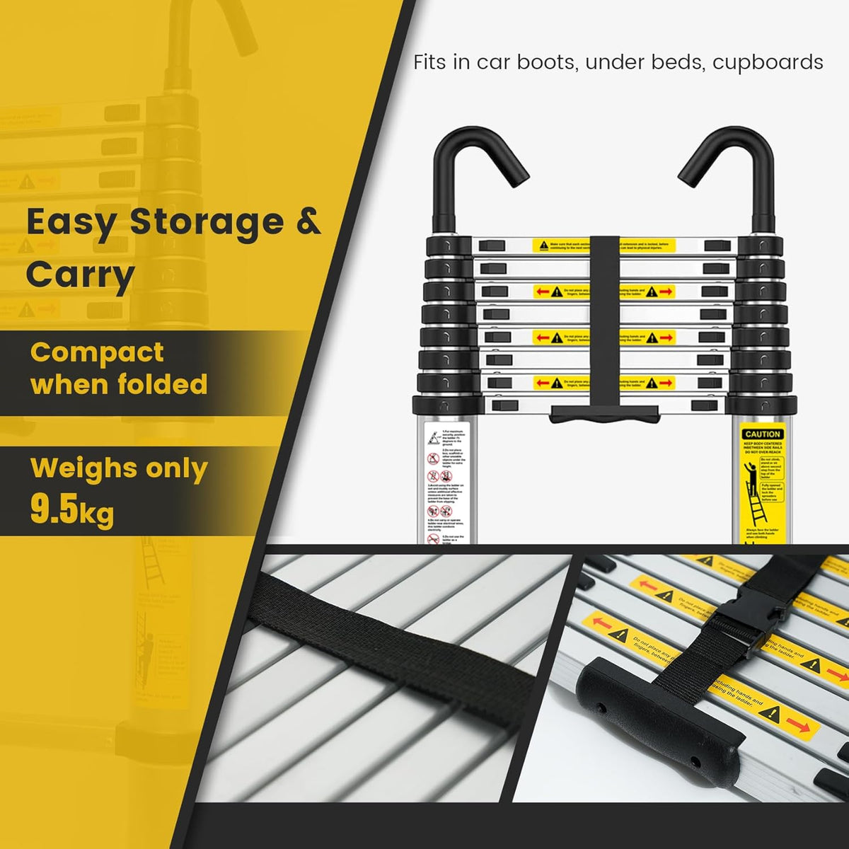 Telescopic Ladder 3.8m Aluminium Extension Stabiliser Bar Hooks EN131 Portable