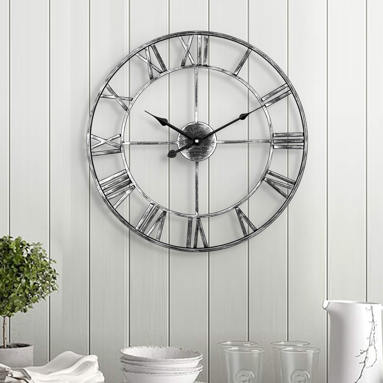 Silent Wall Clock Vintage Metal Skeleton Roman Numerals Farmhouse ARVINKEY
