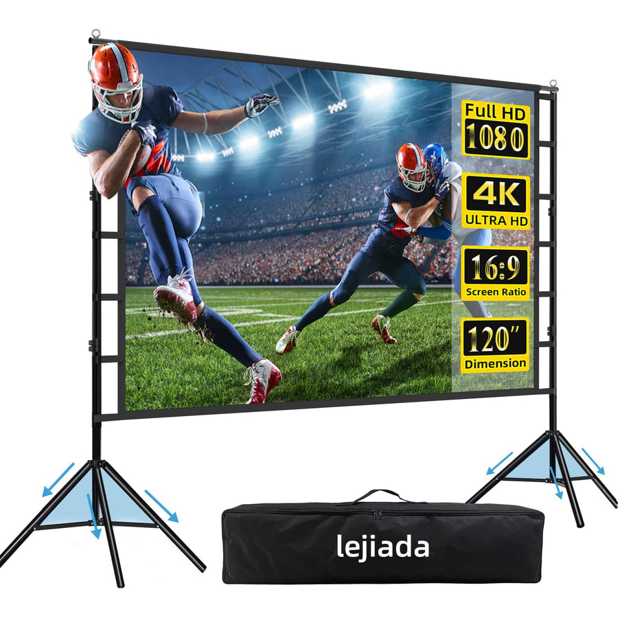 120-inch projector screen with stand, 16:9 aspect ratio, 160° wide viewing angle. Portable, stable, and easy to carry for indoor/outdoor use. Durable steel design.