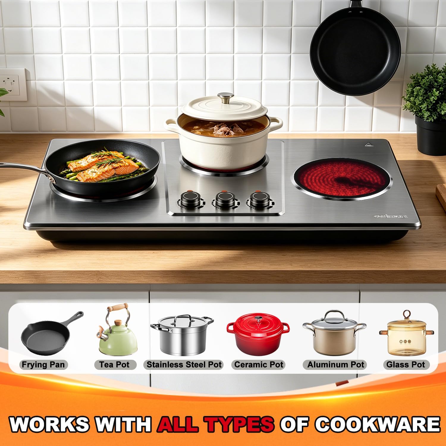 Electric Hob 2700W Infrared Triple Burner Portable Hot Plates Cooking CUSIMAX
