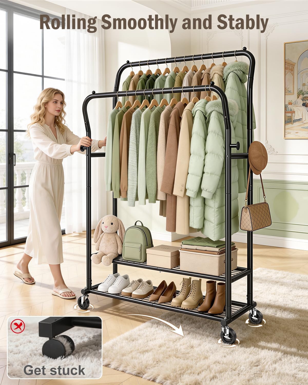 Heavy Duty Clothes Rail 378kg Double Rod Wheels Shelves Hooks Black EAGMAK Rack