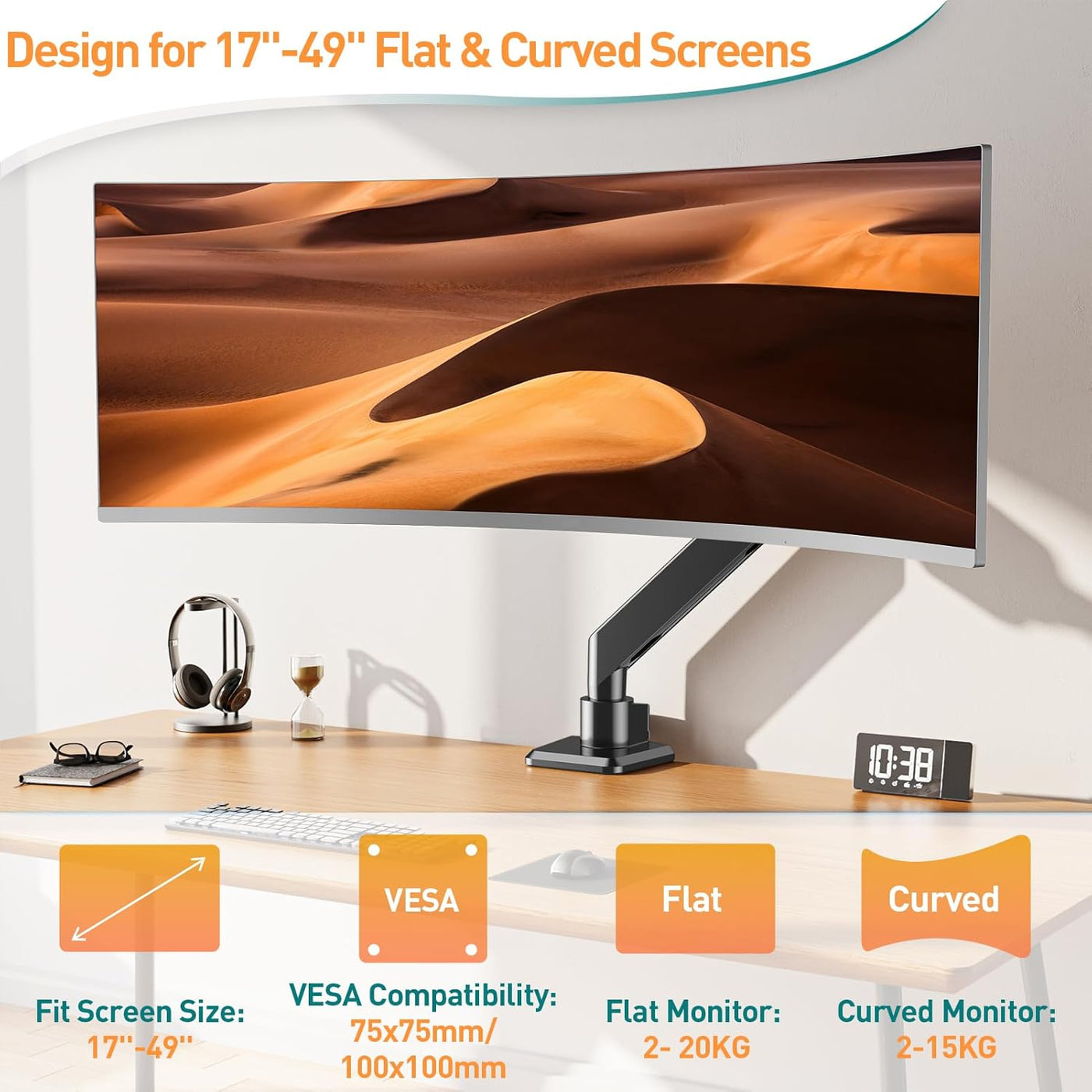 Monitor on a desk with desert landscape display, VESA compatibility, and weight capacity information.