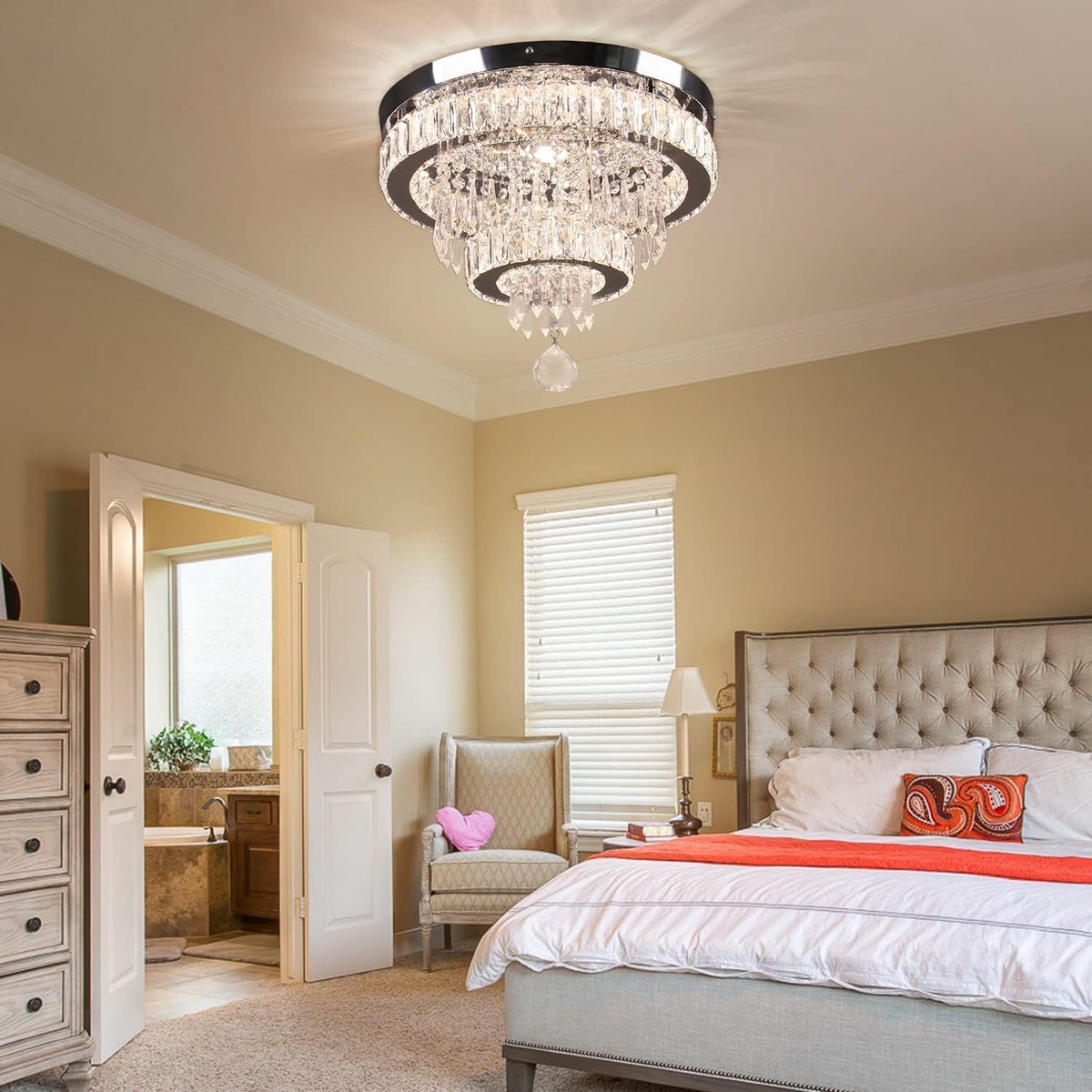 Crystal Chandelier 15.7 Inch Dimmable LED Ceiling Light Remote K9 Flush Mount