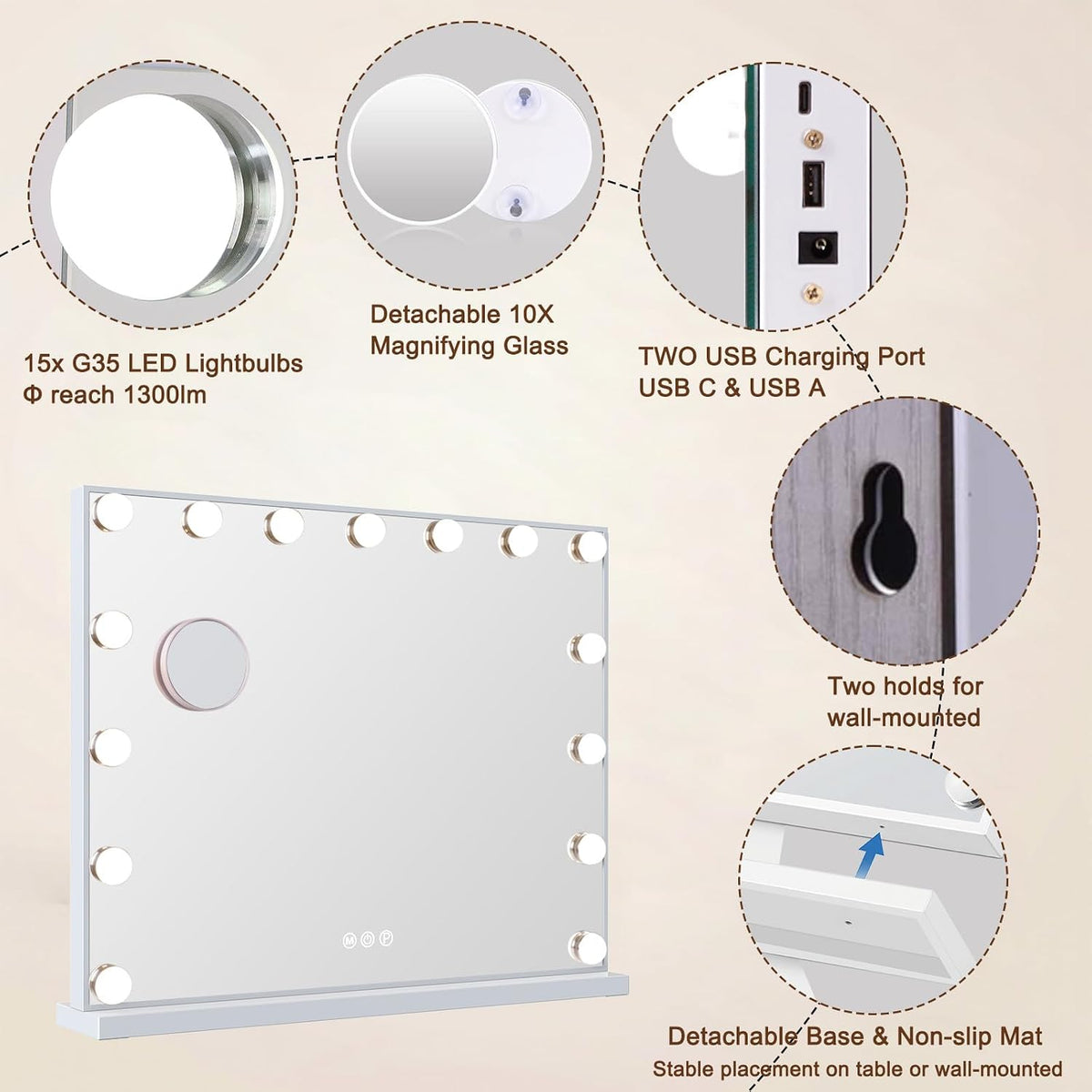 Hollywood Vanity Mirror 58x46cm 15 LED Lights Type-C Makeup FENCHILIN White