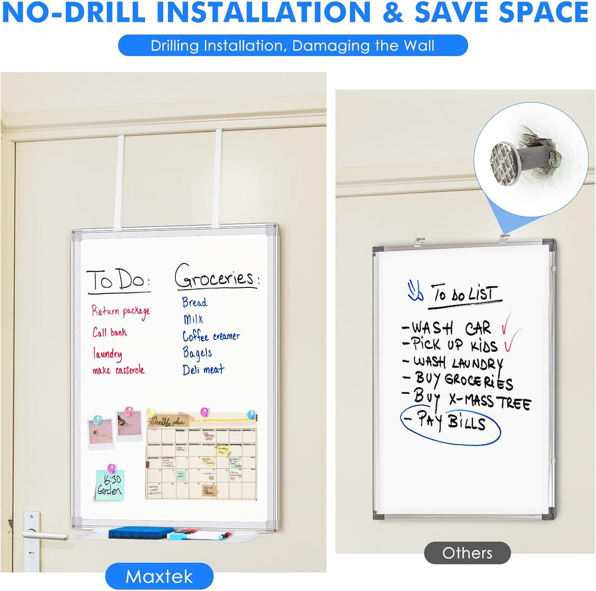 Magnetic Whiteboard 90x60cm Over Door No Drill Dry Erase Board White maxtek Home