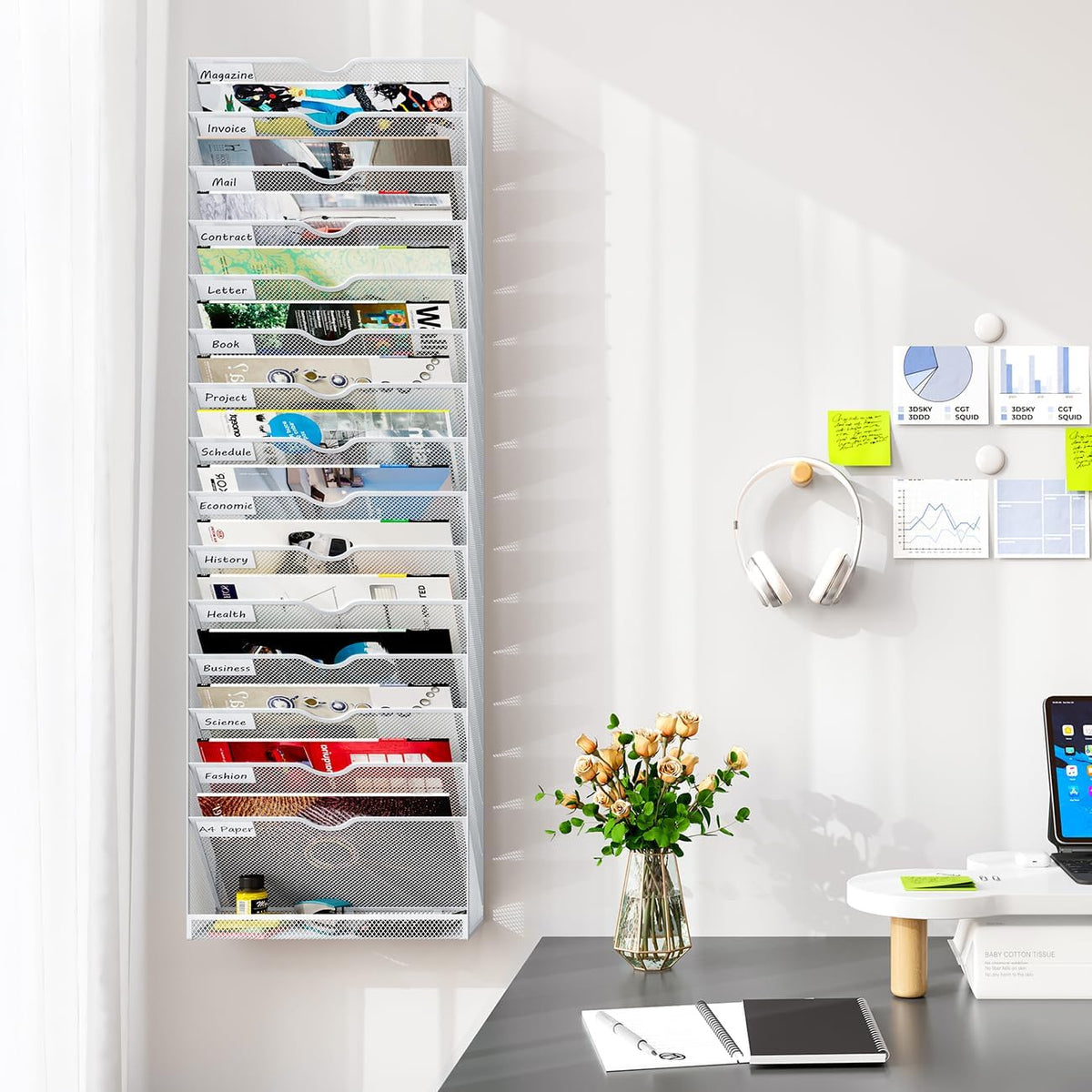 Wall Magazine File Organizer 16 Tier A4 Document Holder White Office Storage Rack