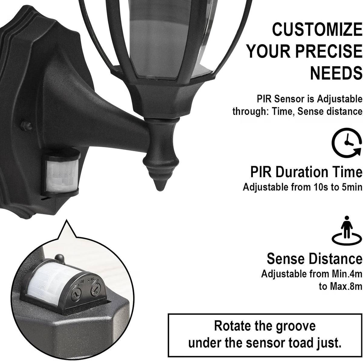 Outdoor Wall Light PIR Motion Sensor Waterproof E27 Black Aluminium Porch Lantern
