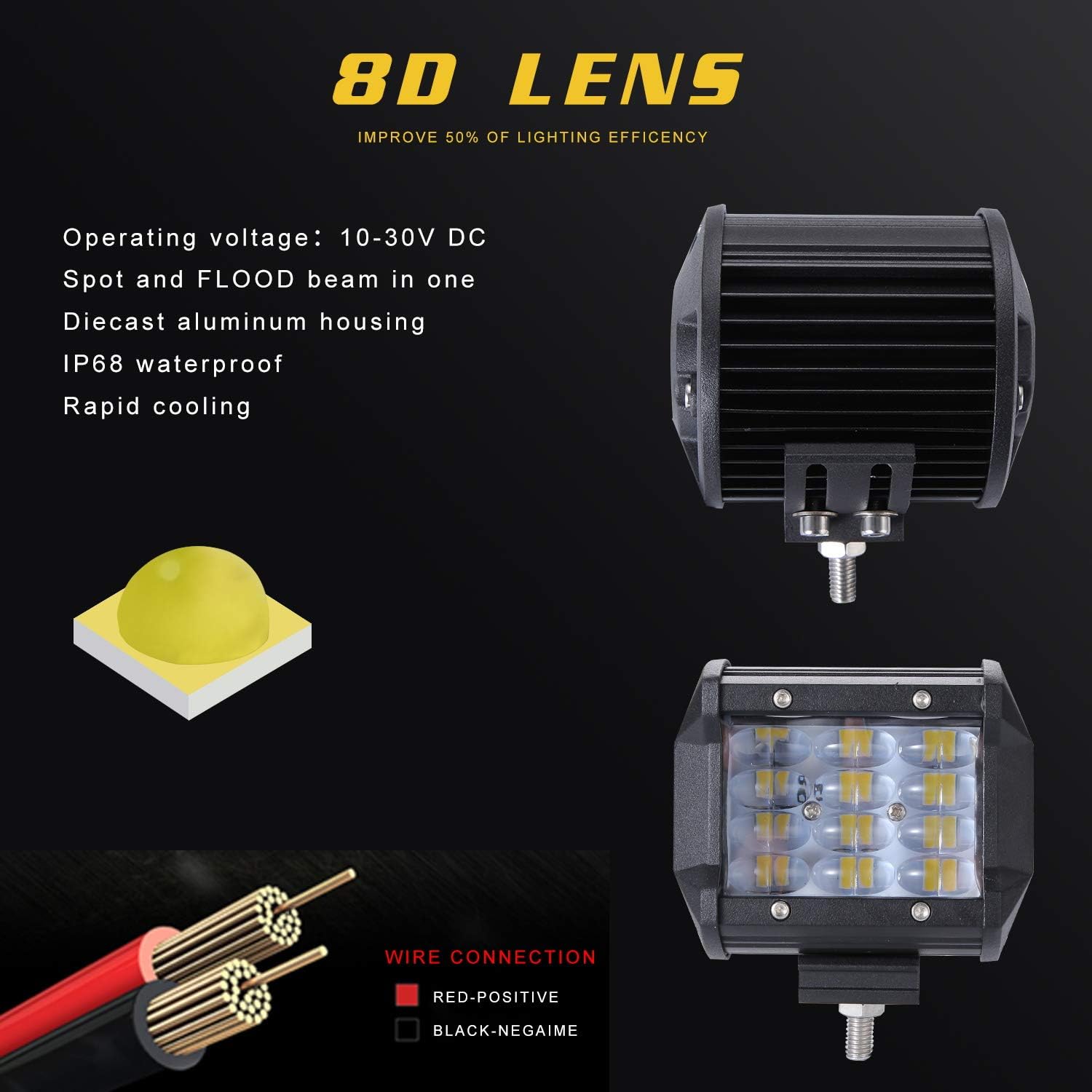 LED Work Light Bar 4 Inch 72W 7200LM Spot Fog Lights Pair YUGUANG